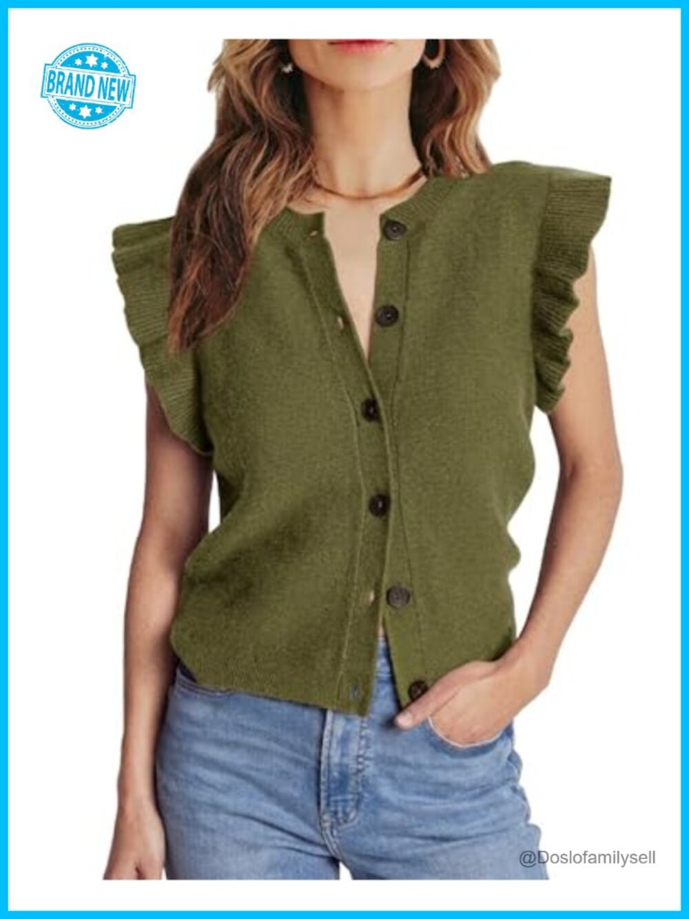 Ruffle Sleeve Sweater Vest Button Down Sleeveless Knit Top